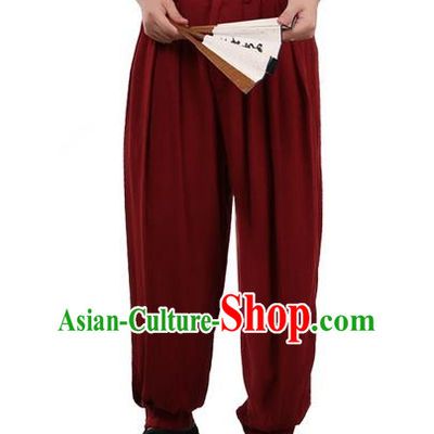 Top Chinese Traditional Linen Kong Fu Loose Pants, Pulian Zen Clothing China Martial Art Plus Fours Bloomers Red Trousers for Men