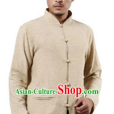 Traditional Chinese Kung Fu Costume Martial Arts Linen Shirts Pulian Meditation Clothing, China Tang Suit Upper Outer Garment Beige Overshirt for Men