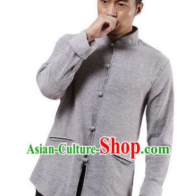 Traditional Chinese Kung Fu Costume Martial Arts Linen Shirts Pulian Meditation Clothing, China Tang Suit Upper Outer Garment Grey Overshirt for Men