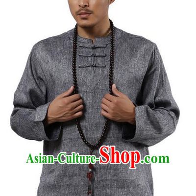Traditional Chinese Kung Fu Costume Pulian Meditation Clothing Martial Arts Linen Plated Buttons Shirts, China Tang Suit Upper Outer Garment Blue Overshirt for Men