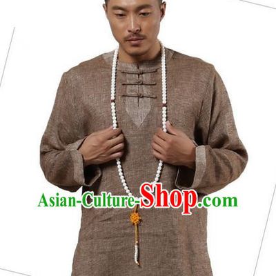 Traditional Chinese Kung Fu Costume Pulian Meditation Clothing Martial Arts Linen Plated Buttons Shirts, China Tang Suit Upper Outer Garment Brown Overshirt for Men
