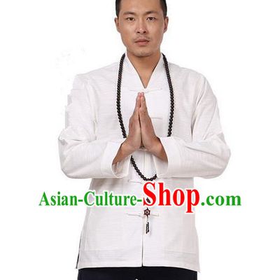 Traditional Chinese Kung Fu Costume Pulian Meditation Clothing Martial Arts Linen Plated Buttons Shirts, China Tang Suit Upper Outer Garment White Overcoat for Men