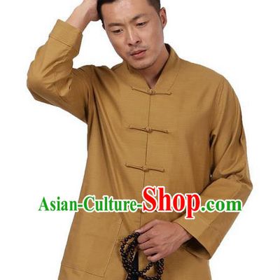 Traditional Chinese Kung Fu Costume Pulian Meditation Clothing Martial Arts Linen Plated Buttons Shirts, China Tang Suit Upper Outer Garment Khaki Overcoat for Men