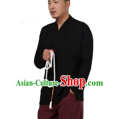 Traditional Chinese Kung Fu Costume Pulian Meditation Clothing Martial Arts Linen Slant Opening Shirts, China Tang Suit Upper Outer Garment Black Overshirt for Men