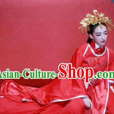 Traditional Chinese Ancient Princess Wedding Costume and Headpiece Complete Set, Chinese Teleplay Flower Shabana Flyings Sky Song Dynasty Palace Lady Red Dress Clothing for Women