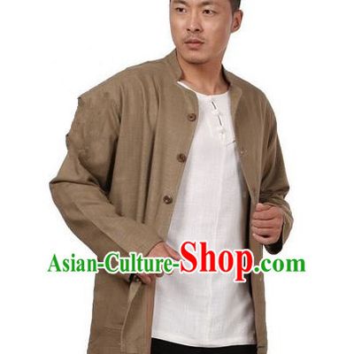 Traditional Chinese Kung Fu Costume Martial Arts Linen Khaki Coats Pulian Meditation Clothing, China Tang Suit Upper Outer Garment for Men