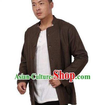 Traditional Chinese Kung Fu Costume Martial Arts Linen Deep Grey Coats Pulian Meditation Clothing, China Tang Suit Upper Outer Garment for Men