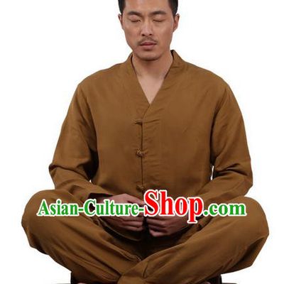 Traditional Chinese Kung Fu Costume Martial Arts Linen Slant Opening Coffee Suits Pulian Meditation Clothing, China Tang Suit Uniforms Tai Chi Clothing for Men