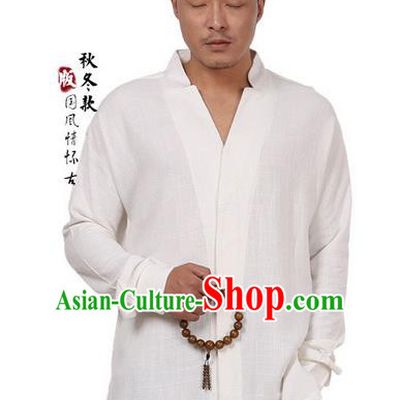 Traditional Chinese Kung Fu Costume Martial Arts Linen Beige Shirts Pulian Meditation Clothing, China Tang Suit Overshirts Tai Chi Clothing for Men