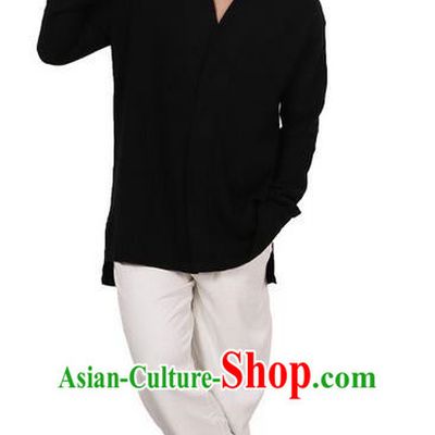 Traditional Chinese Kung Fu Costume Martial Arts Linen Black Shirts Pulian Meditation Clothing, China Tang Suit Overshirts Tai Chi Clothing for Men