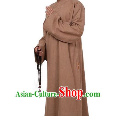 Traditional Chinese Kung Fu Costume Martial Arts Linen Khaki Monk Robes Pulian Meditation Clothing, China Tang Suit Shaolin Wushu Frock for Men