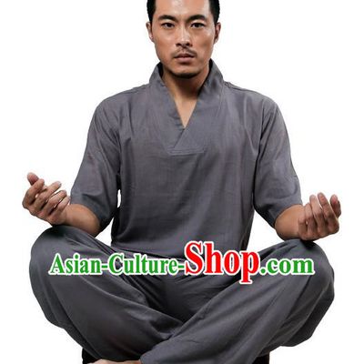 Traditional Chinese Kung Fu Costume Martial Arts Linen Plated Buttons Grey Suits Pulian Meditation Clothing, China Tang Suit Uniforms Tai Chi Clothing for Men