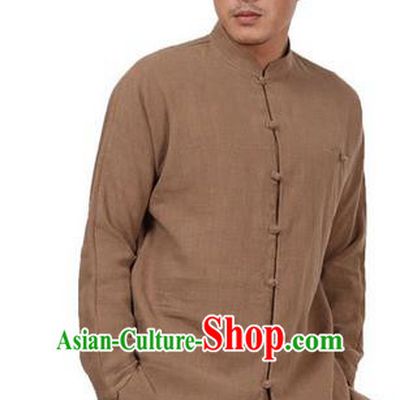 Traditional Chinese Kung Fu Costume Martial Arts Ramie Khaki Shirts Pulian Meditation Clothing, China Tang Suit Overshirts Tai Chi Long Gown for Men