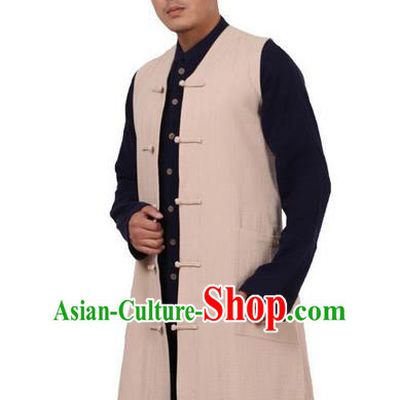 Traditional Chinese Kung Fu Costume Martial Arts Beige Vest Pulian Meditation Clothing, China Tang Suit Waistcoat Tai Chi Long Weskit for Men