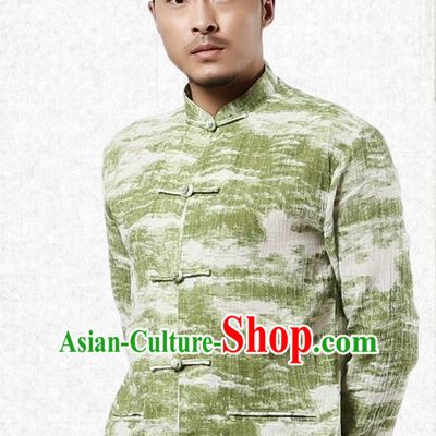 Traditional Chinese Kung Fu Costume Martial Arts Tang Suit Shirts Pulian Meditation Clothing, China Tai Chi Plated Buttons Green Overshirts for Men