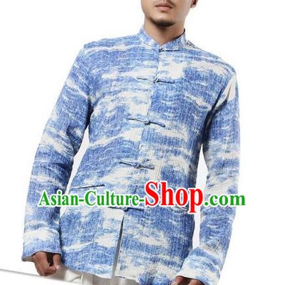 Traditional Chinese Kung Fu Costume Martial Arts Tang Suit Shirts Pulian Meditation Clothing, China Tai Chi Plated Buttons Blue Overshirts for Men
