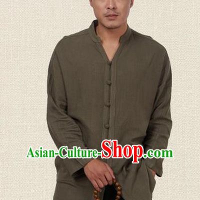 Traditional Chinese Kung Fu Costume Martial Arts Tang Suit Plated Buttons Shirts Pulian Meditation Clothing, China Tai Chi Army Green Overshirts for Men
