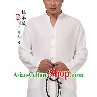 Traditional Chinese Kung Fu Costume Martial Arts Tang Suit Plated Buttons Shirts Pulian Meditation Clothing, China Tai Chi White Overshirts for Men