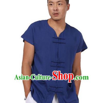 Traditional Chinese Kung Fu Costume Martial Arts Tang Suit Plated Buttons Shirts Pulian Meditation Clothing, China Tai Chi Blue Short Sleeve T-shirts for Men