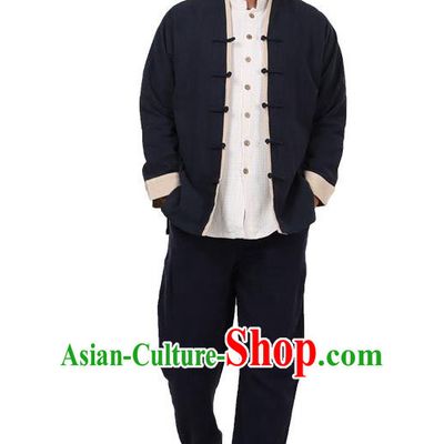 Traditional Chinese Kung Fu Costume Martial Arts Linen Black Plated Buttons Coats Pulian Meditation Clothing, China Tang Suit Jackets Wushu Taiji Clothing for Men