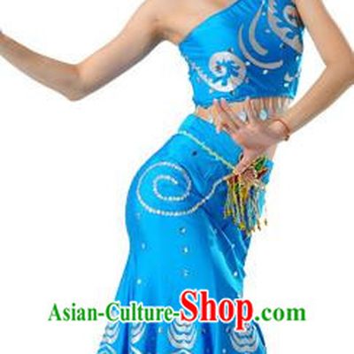 Traditional Chinese Dai Nationality Peacock Dance Costume, Folk Dance Ethnic Blue Dress, Chinese Minority Nationality Dance Clothing for Women