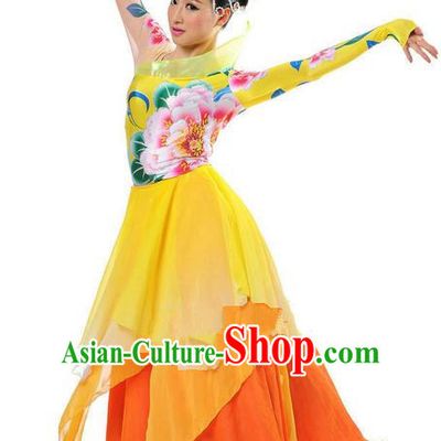 Chinese Classic Stage Performance Chorus Singing Group Dance Costumes, Opening Dance Big Swing Flowers Dress for Women