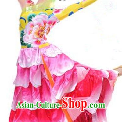 Chinese Classic Stage Performance Chorus Singing Group Dance Costumes, Opening Dance Big Swing Peony Flowers Dress for Women