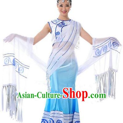 Traditional Chinese Dai Nationality Dance Costume, Folk Dance Ethnic Blue Dress, Chinese Dai Minority Nationality Dance Clothing for Women