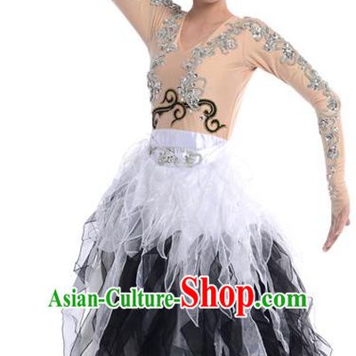 Chinese Classic Stage Performance Chorus Singing Group Dance Costumes, Opening Dance Folk Dance Big Swing Black Dress for Women