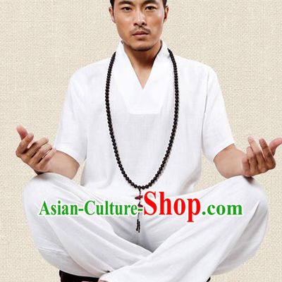 Traditional Chinese Kung Fu Costume Martial Arts Linen Plated Buttons White Suits Pulian Meditation Clothing, China Tang Suit Uniforms Tai Chi Clothing for Men