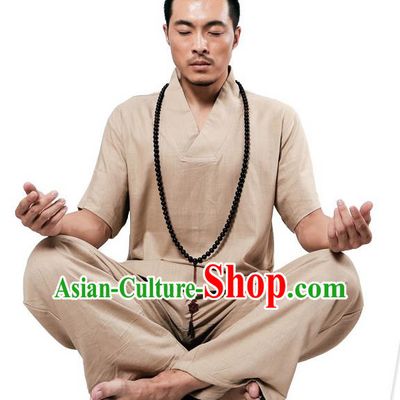 Traditional Chinese Kung Fu Costume Martial Arts Linen Plated Buttons Khaki Suits Pulian Meditation Clothing, China Tang Suit Uniforms Tai Chi Clothing for Men