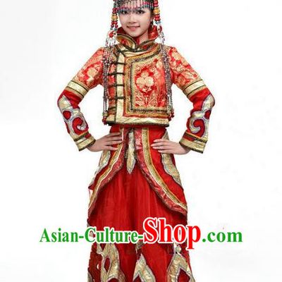 Traditional Chinese Mongol Nationality Dance Costume and Hat Complete Set, Mongols Female Folk Dance Ethnic Pleated Skirt, Chinese Mongolian Minority Nationality Red Dress Clothing for Women