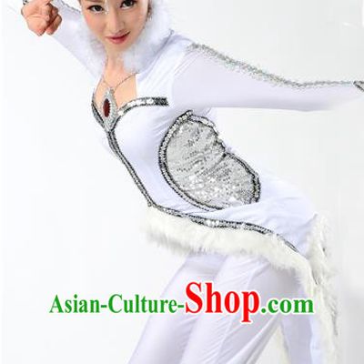 Traditional Chinese Mongol Nationality White Fox Dance Costume, Mongols Female Folk Dance Clothing, Chinese Mongolian Minority Nationality Clothing for Women