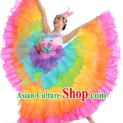 Chinese Classic Stage Performance Chorus Singing Group Dance Costumes, Opening Dance Folk Dance Big Swing Dress for Women