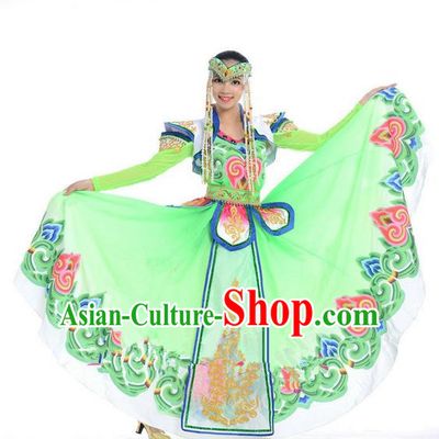 Traditional Chinese Mongol Nationality Dance Costume, Mongols Princess Folk Dance Ethnic Pleated Skirt, Chinese Mongolian Minority Nationality Green Dress Clothing for Women