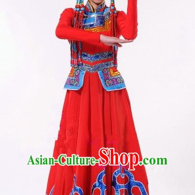 Traditional Chinese Mongol Nationality Dance Costume, Mongols Female Folk Dance Ethnic Pleated Skirt, Chinese Mongolian Minority Nationality Red Dress Clothing for Women