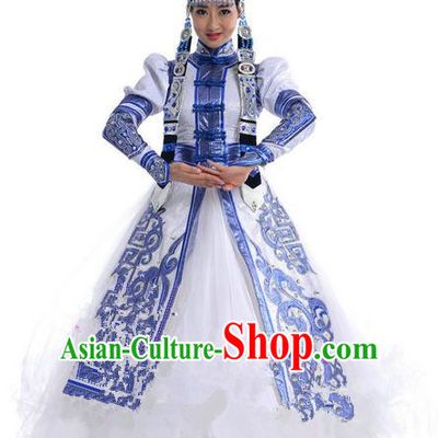 Traditional Chinese Mongol Nationality Dance Costume, Mongols Female Folk Dance Ethnic Pleated Skirt, Chinese Mongolian Minority Nationality Blue Dress Clothing for Women