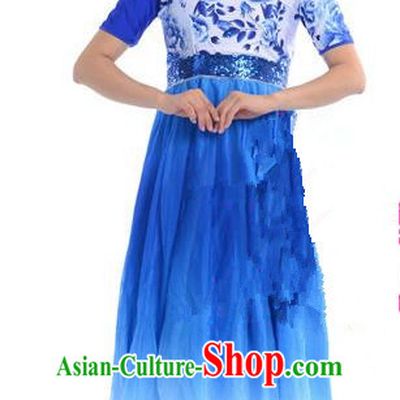 Chinese Classic Stage Performance Chorus Singing Group Costumes, Opening Dance Competition Blue Dress, Classic Dance Clothing for Women