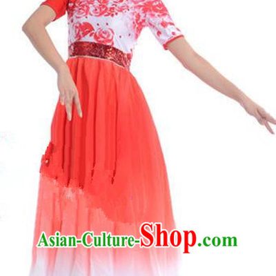 Chinese Classic Stage Performance Chorus Singing Group Costumes, Opening Dance Competition Red Dress, Classic Dance Clothing for Women