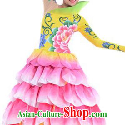 Chinese Classic Stage Performance Chorus Singing Group Costumes, Opening Dance Folk Dance Flowers Big Swing Dress for Women