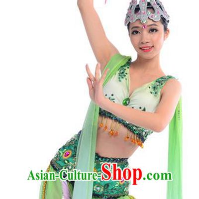 Traditional Chinese Classical Dance Fan Dancing Costume, Folk Dance Drum Dance Uniform Yangko Dance Green Dress for Women