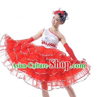 Traditional Chinese Classical Dance Fan Dancing Costume, Folk Dance Uniform Red Bubble Dress for Women