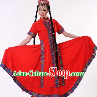 Traditional Chinese Uyghur Nationality Dancing Costume, Folk Dance Ethnic Red Clothing, Chinese Minority Nationality Uigurian Dance Dress for Women