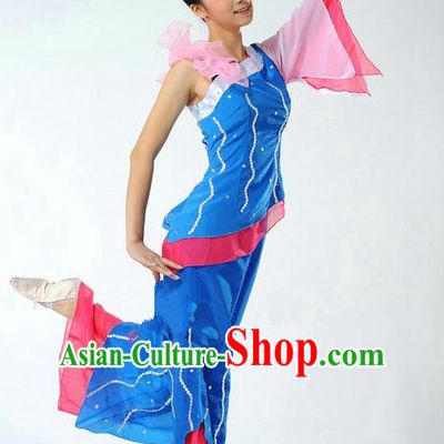 Traditional Chinese Classical Dance Yangge Fan Dancing Mandarin Sleeve Costume, Folk Dance Drum Dance Uniform Yangko Blue Clothing for Women