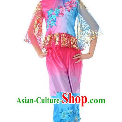 Traditional Chinese Classical Dance Yangge Fan Dancing Mandarin Sleeve Costume, Folk Dance Drum Dance Uniform Yangko Pink Clothing for Women