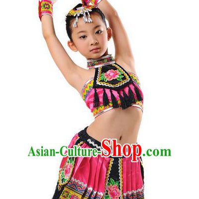 Traditional Chinese Zhuang Nationality Dancing Costume, Children Zhuang Zu Folk Dance Ethnic Pleated Skirt, Chinese Minority Nationality Embroidery Costume for Kids