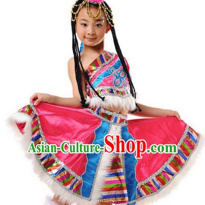 Traditional Chinese Mongol Nationality Dancing Costume, Mongols Children Folk Dance Ethnic Pleated Skirt, Chinese Mongolian Minority Nationality Dress for Girls