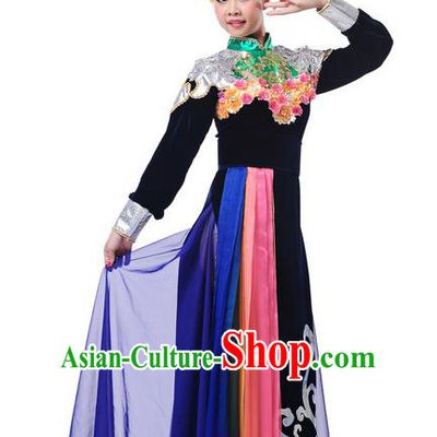 Traditional Chinese Qiang Nationality Dancing Costume, Qiang Zu Female Folk Dance Ethnic Pleated Dress, Chinese Minority Nationality Embroidery Costume for Women