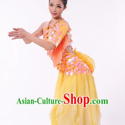 Traditional Chinese Dai Nationality Peacock Dancing Costume, Folk Dance Ethnic Paillette Dress, Chinese Dai Minority Nationality Dance Clothing for Women