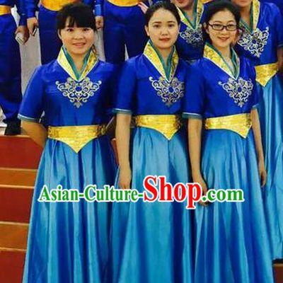 Chinese Classic Stage Performance Chorus Singing Group Costumes, Opening Dance Competition Blue Dress, Classic Dance Clothing for Women